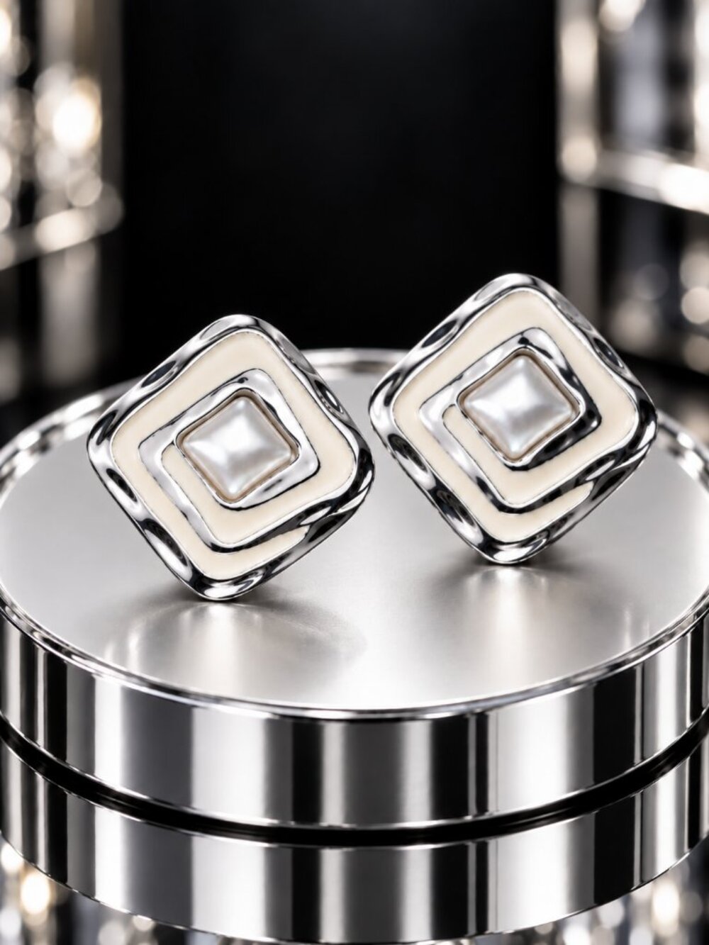 Avon 1992 Tones of White Faux Pearl Silver Enamel Square Swirl Pierced Earrings